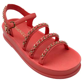 Autre Marque-Chanel Coral / Gold CC Logo Chain Detail Flat Platform calf leather Leather Sandals-Pink