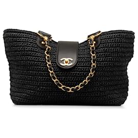 Chanel-Black Chanel CC Straw Tote Bag-Black