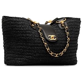 Chanel-Black Chanel CC Straw Tote Bag-Black