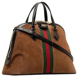 Gucci-Bolso satchel de ante Ophidia con tribanda mediana marrón de Gucci-Castaño