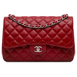 Chanel-Sac à bandoulière à rabat doublé en cuir d'agneau classique Jumbo rouge Chanel-Rouge