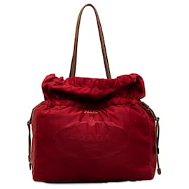 Prada-Red Prada Logo Tessuto Drawstring Tote Bag-Red