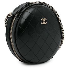 Chanel-Borsa a tracolla rotonda Chanel nera in pelle di vitello cucita-Nero