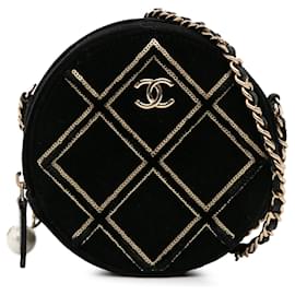 Chanel-Chanel preto veludo pérola lantejoulas redondo crossbody-Preto