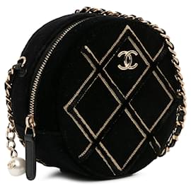 Chanel-Bandolera redonda con lentejuelas y perlas de terciopelo Chanel negra-Negro