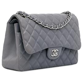 Chanel-Gray Chanel Jumbo Classic Lambskin lined Flap Shoulder Bag-Other