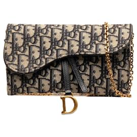 Dior-Portafoglio a sella blu Dior Oblique su borsa a tracolla con catena-Blu