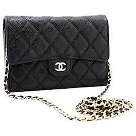 Chanel-Pelle di agnello nera 2018 portafoglio in caviale con catena-Nero