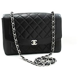Chanel-CHANEL Diana Flap Grand sac à bandoulière avec chaîne en argent matelassé noir-Noir