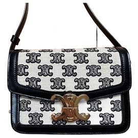 Bolsa Céline Teen Triomphe Preta Branca Couro e Lona Preto Branco Dourado