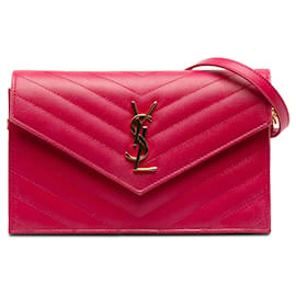 Saint Laurent-Pink Saint Laurent Grain De Poudre Cassandre Envelope Wallet on Chain Crossbody Bag-Pink