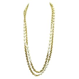 Chanel-VINTAGE CHANEL NECKLACE lined ROW PEARL NECKLACE 92 CM IN GOLD METAL NECKLACE-Golden