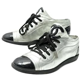 Chanel-CHANEL LOGO CC G SHOES25313 36 SILVER LEATHER SNEAKERS SNEAKERS SHOES-Silvery