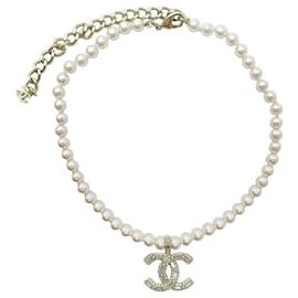 Chanel-NEUF COLLIER CHANEL LOGO CC & PERLES METAL 35/45 CM STRASS PEARL NECKLACE-Doré