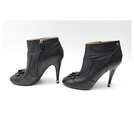 Chanel-CHANEL SHOES CAMELIA G ANKLE BOOTS30999 39.5 BLACK LEATHER + SHOES BOX-Black