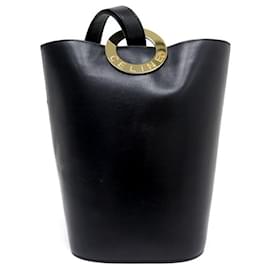 Céline-VINTAGE CELINE BUCKET HANDBAG IN BLACK BOX LEATHER BLACK LEATHER HANDBAG-Black
