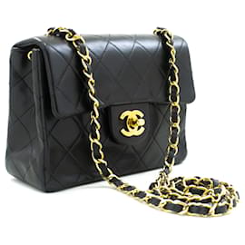 Chanel-Chanel mini-quadrado pequeno cadeia bolsa de ombro crossbody cordeiro preto-Preto