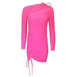 Autre Marque-Balenciaga Hot Pink Drawstring Detail Ruched Fitted Long Sleeved Mini Dress-Pink