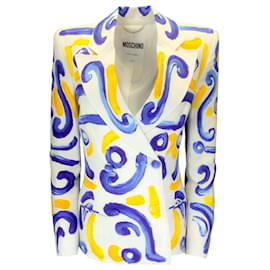 Autre Marque-Moschino Couture Marfim / Azul / Blazer Crepe Multi Estampado Amarelo-Multicor