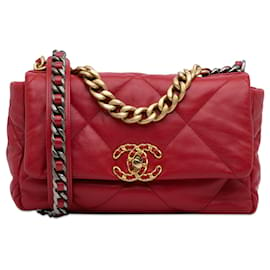 Chanel-Pele de cordeiro média Chanel vermelha 19 Bolsa com aba-Vermelho