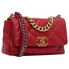 Chanel-Pelle di agnello media Chanel rossa 19 Borsa a tracolla con patta-Rosso