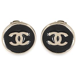 Chanel-Boucles d'oreilles Chanel CC dorées avec bouton en émail noir-Autre