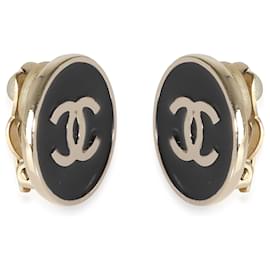 Chanel-Chanel  CC Gold Tone with Black Enamel Button Earrings-Other
