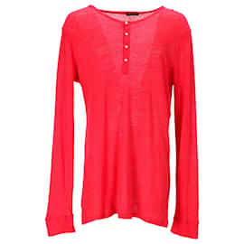 Balmain-Balmain – Langärmliges T-Shirt mit Halbknopfleiste aus rotem Leinen-Rot