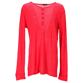 Balmain-T-shirt Balmain a maniche lunghe con mezzo bottone in lino rosso-Rosso