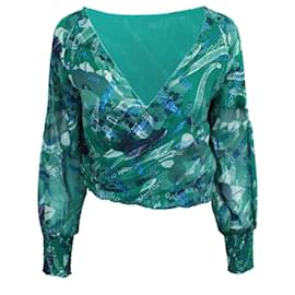 Autre Marque-Green Metallic Print Wrap Blouse-Green