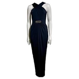 Jenny Packham-Navy jersey evening dress with pearl and rhinestone embellishment-Navy blue