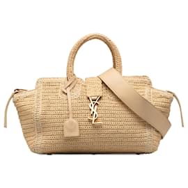 Saint Laurent-Saint Laurent Cabas Downtown con monogramma in rafia marrone bambino-Marrone,Beige