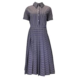 Autre Marque-Duncan Blue / White Striped Short Sleeved Button-Front Cotton Midi Dress-Blue