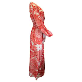 Autre Marque-María Katranzou Rojo / Vestido largo de sarga de poliéster bicolor de manga larga con cinturón estampado Ithaki blanco-Roja