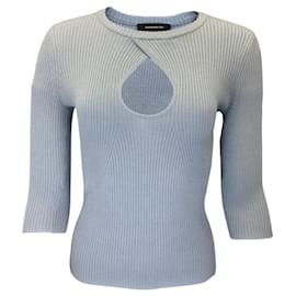 Autre Marque-Barbara Bui Light Blue Three-Quarter Sleeved Ribbed Knit Keyhole Sweater-Blue