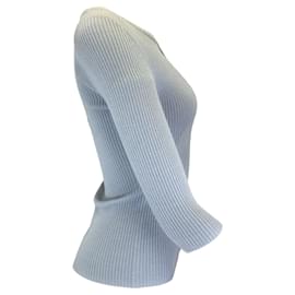 Autre Marque-Barbara Bui Light Blue Three-Quarter Sleeved Ribbed Knit Keyhole Sweater-Blue