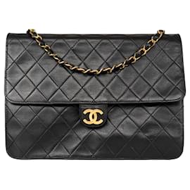 Chanel-Chanel piel de cordero acolchada 24Bolso Timeless con solapa única en oro K-Negro