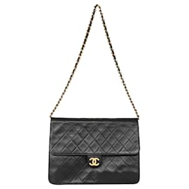 Chanel-Chanel piel de cordero acolchada 24Bolso Timeless con solapa única en oro K-Negro