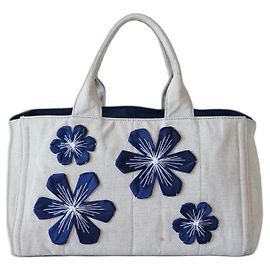 Bolsa Tote Prada Canapa Azul Bege de Lona Azul Bege