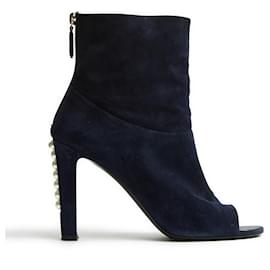 Chanel-EU39 Fancy pearls and navy suede open toe ankle boots US8.5-Bleu Marine