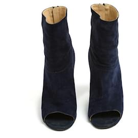 Chanel-Botas de tornozelo de camurça azul-marinho com pé aberto e pérolas elegantes EU39 US8.5-Azul marinho