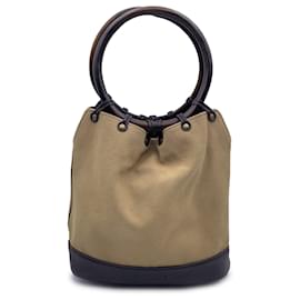 Gucci-Beige Canvas and Leather Wood Handles Bucket Tote Bag-Beige