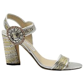 Jimmy Choo-Jimmy Choo Mischa Crystal Embellished Buckle Ankle Strap Sandals in Silver Leather-Silvery,Metallic