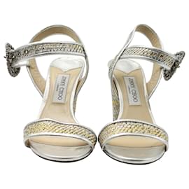 Jimmy Choo-Jimmy Choo Mischa Crystal Embellished Buckle Ankle Strap Sandals in Silver Leather-Silvery,Metallic