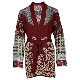 Etro Jacquard-Strick-Strickjacke mit Gürtel aus burgunderfarbenem Leinen Bordeaux