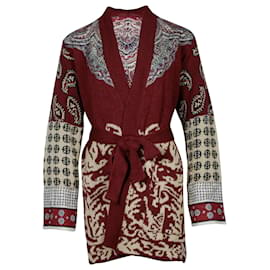 Etro-Etro Belted Jacquard-Knit Cardigan in Burgundy Linen-Dark red