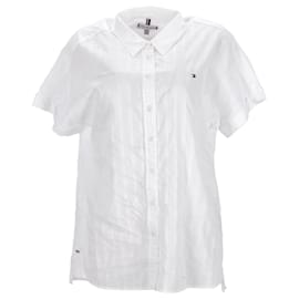 Tommy Hilfiger-Camisa feminina de algodão com listras de manga curta-Branco