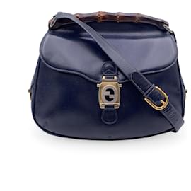 Gucci-Vintage Navy Blue Leather Bamboo Flap Shoulder Bag-Blue