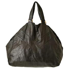 Yves Saint Laurent-Yves Saint Laurent YSL Black Leather Large Double Y bag Tote Handbag-Black