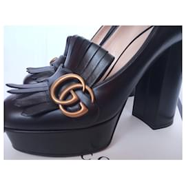 Gucci-Gucci Marmont Black GG Logo Heels Fringed Square Toe Leather Pumps-Black